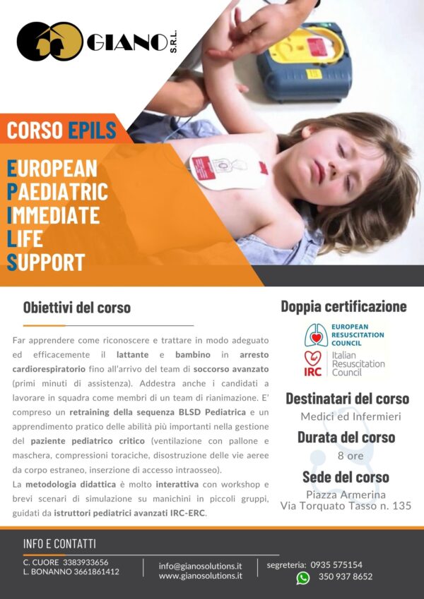 Corso European Paediatric Immediate Life Support EPILS DOPPIA CERTIFICAZIONE IRC ERC-MEDICI-INFERMIERI-GIANO-SRL-PIAZZA ARMERINA