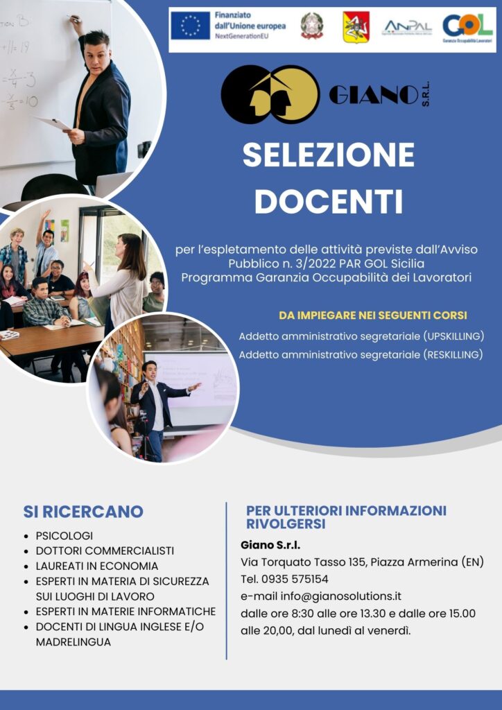 AVVISO PUBBLICO PER LA RICERCA, LA SELEZIONE ED IL RECLUTAMENTO DI PERSONALE DOCENTE 3/2022 PAR GOL Sicilia – Programma Garanzia Occupabilità dei Lavoratori